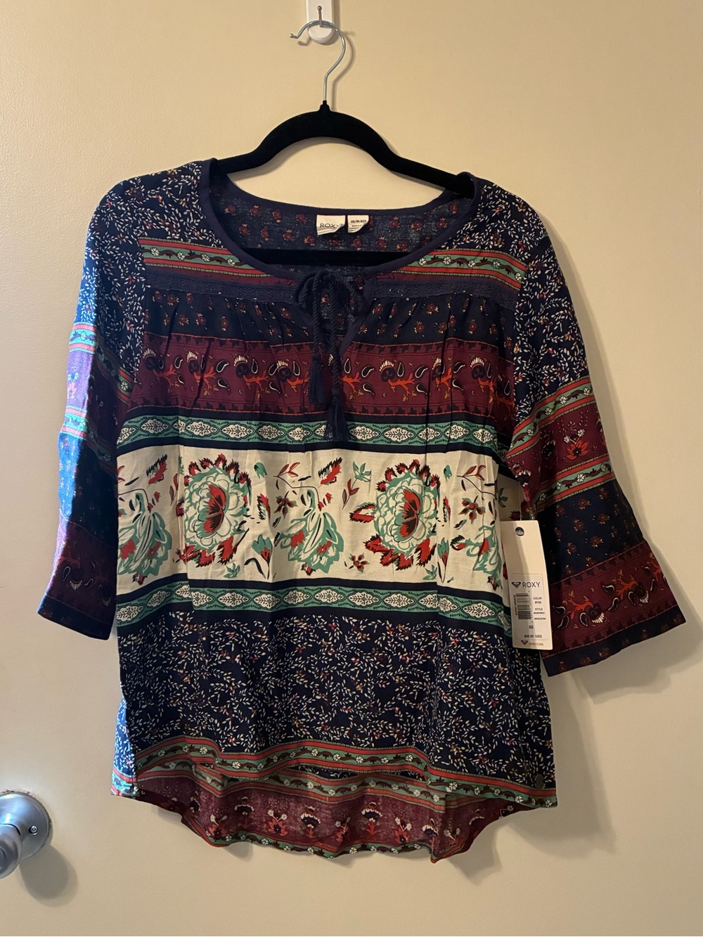 NWT Roxy “Gypsy Breeze” Boho Peasant Blouse Floral Print 3/4 Bell Sleeve Top XS